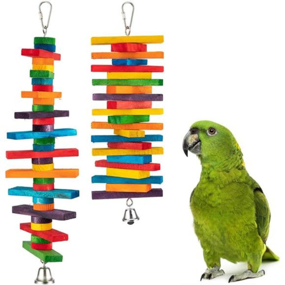 2Pcs Bird Toys -Parrot Toys with Multicolored Natural Wooden Blocks,Bird Chewing
